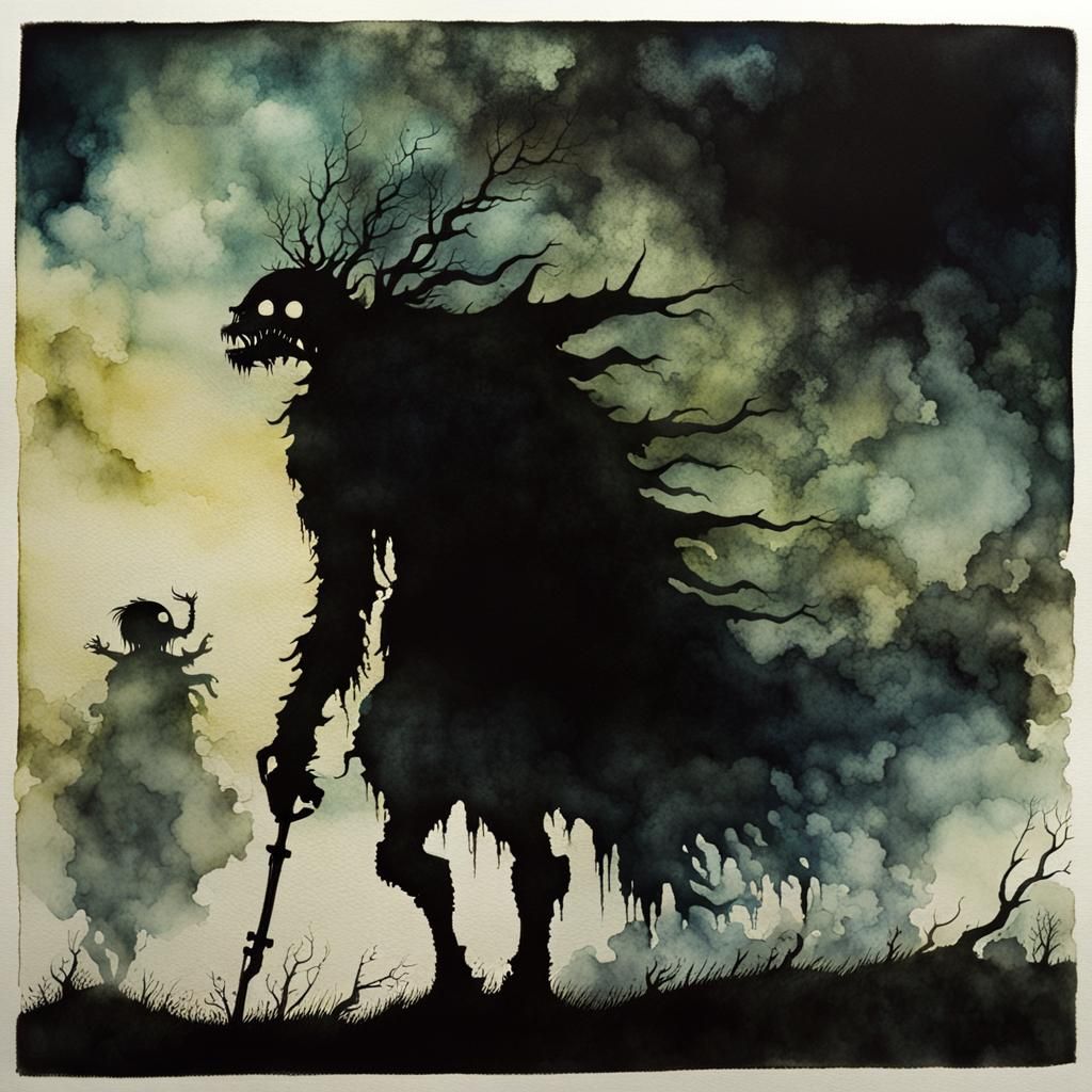 Nightmarish Monster Chase in Gloomy Alcohol Ink Style