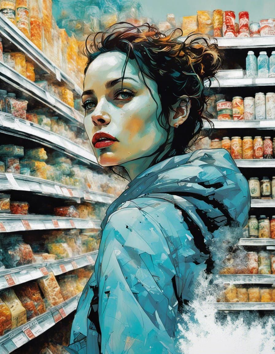 Woman Shopping in Supermarket, Street Art Style