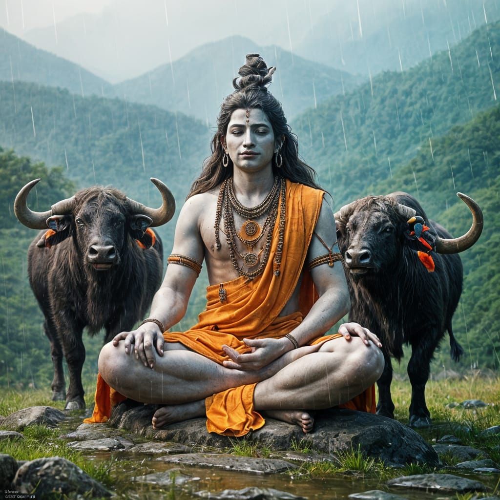 Lord Shiva in Serene Rainy Reverence with Devoted Buffalo Tr...