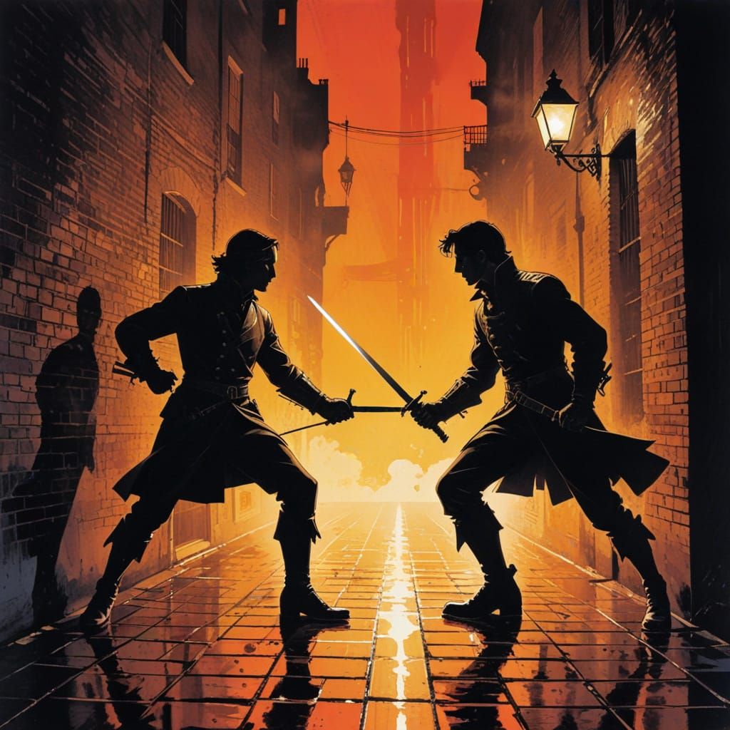 Victorian Sword Duel in Gaslit Alleyway