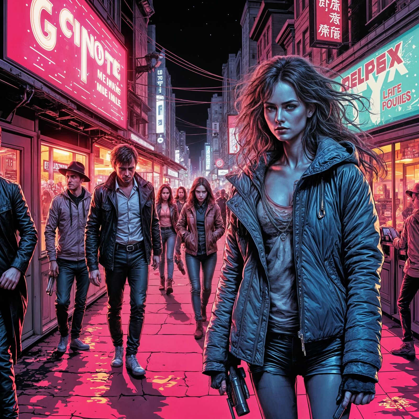 Vibrant Cityscape in Neon Noir Style