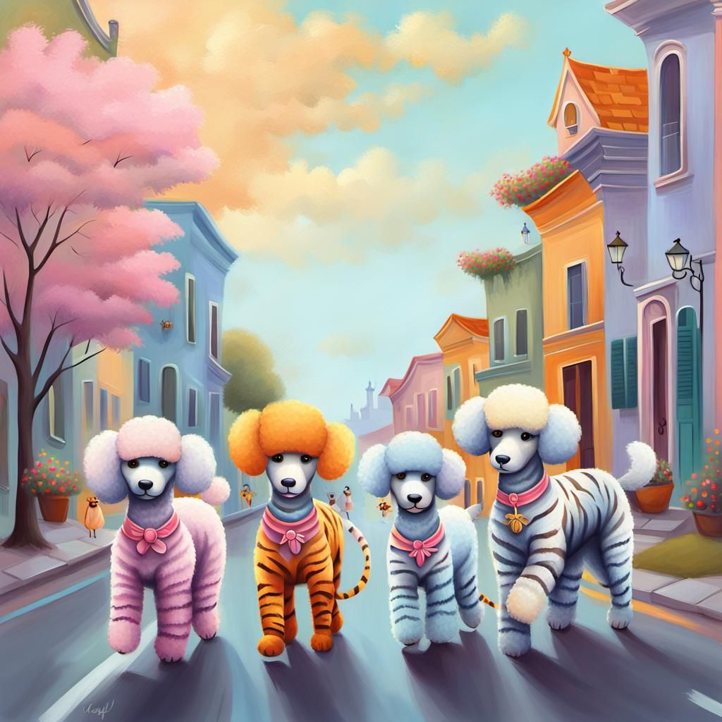 Poodle Parade in Whimsical Digital Painting Style