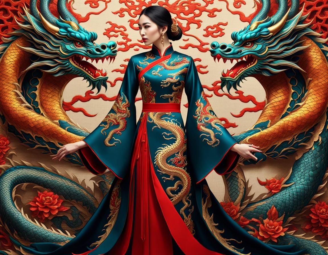 Chinese Dragon Embroidery Art on Elegant Dress