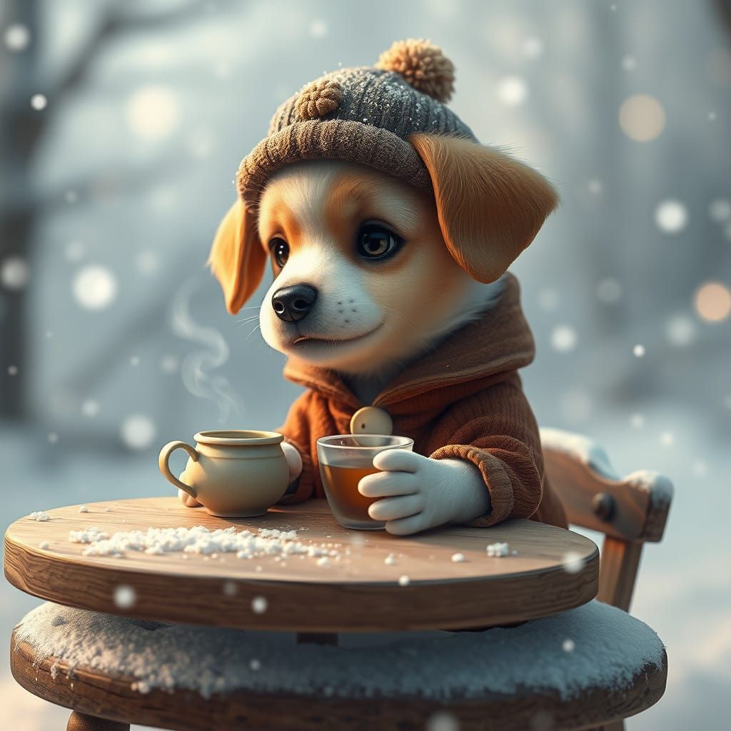 Whimsical Puppy Sips Tea in Snowy Winter Wonderland