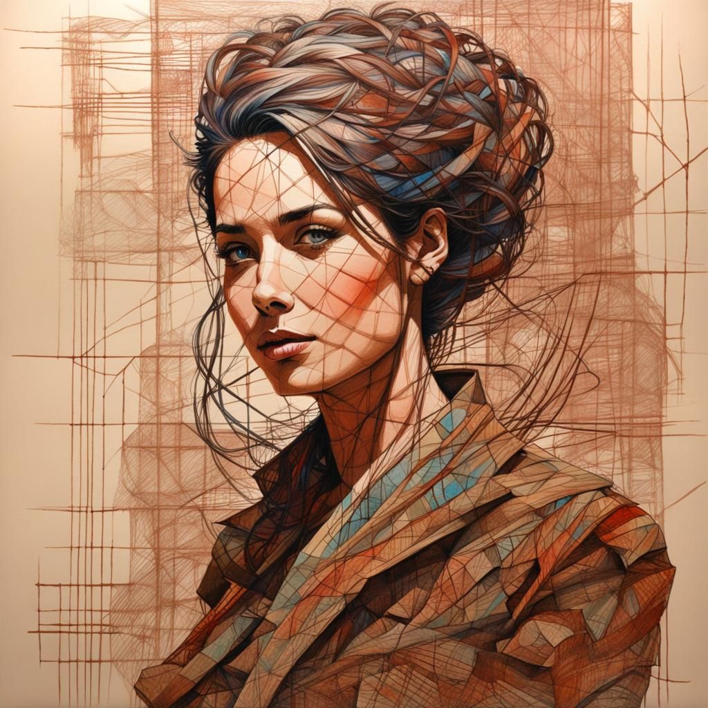 Crosshatched Portrait of Woman in Art Brut Style