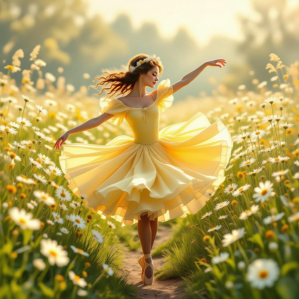 Yellow Ballerina Dancing Among Daisies in Ethereal Style