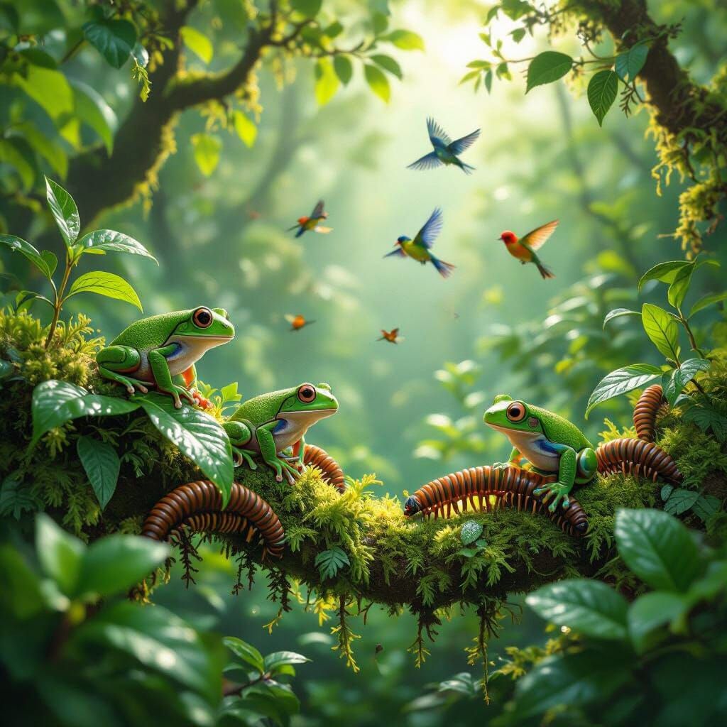Vibrant Forest Diorama with Frogs, Millipedes, and Parakeets