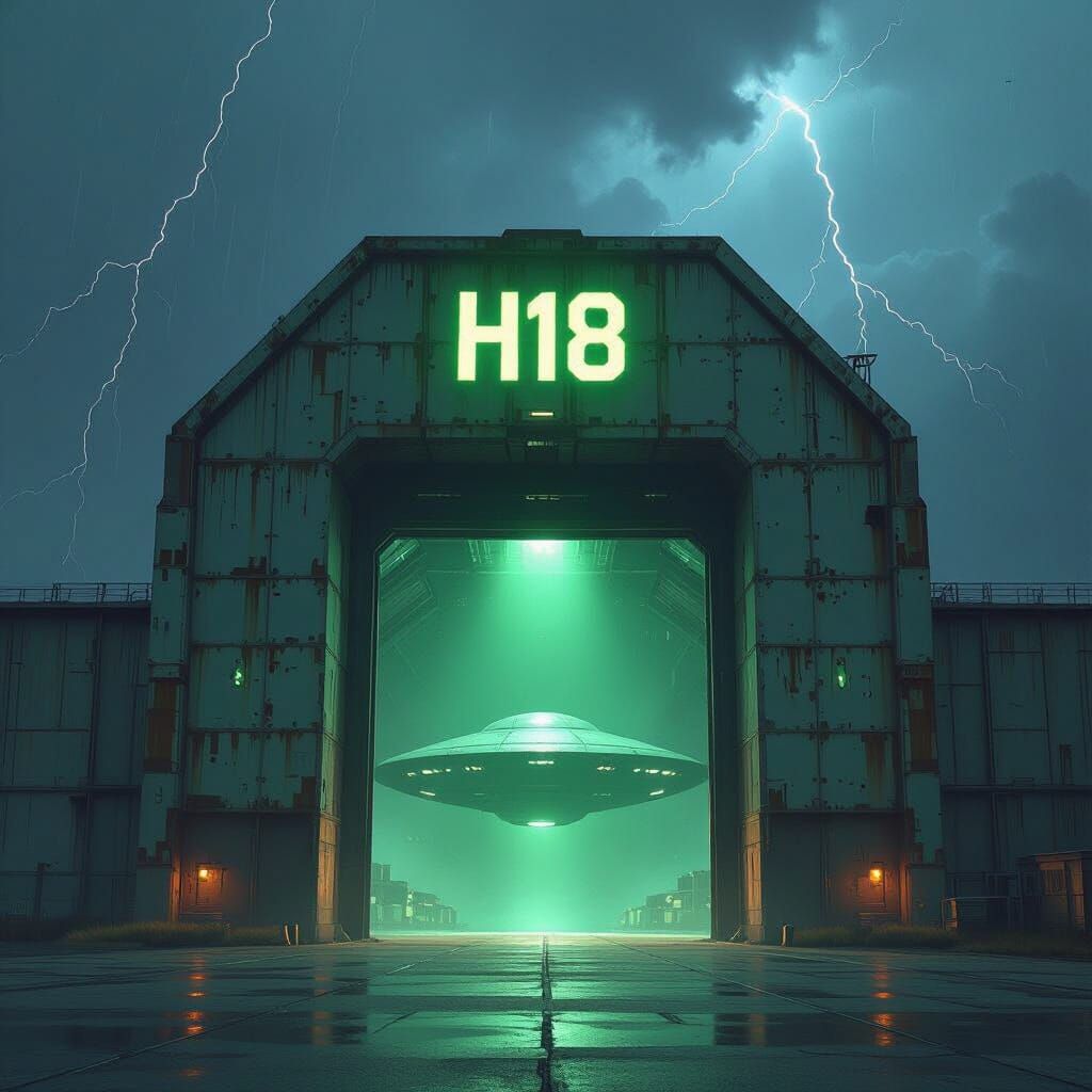 Alien UFO Hangar H18 with Stormy Sky