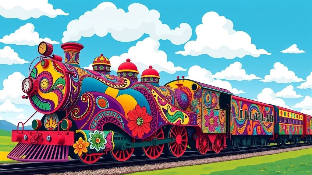 Psychedelic Steam Train in Whimsical Cartoon Style