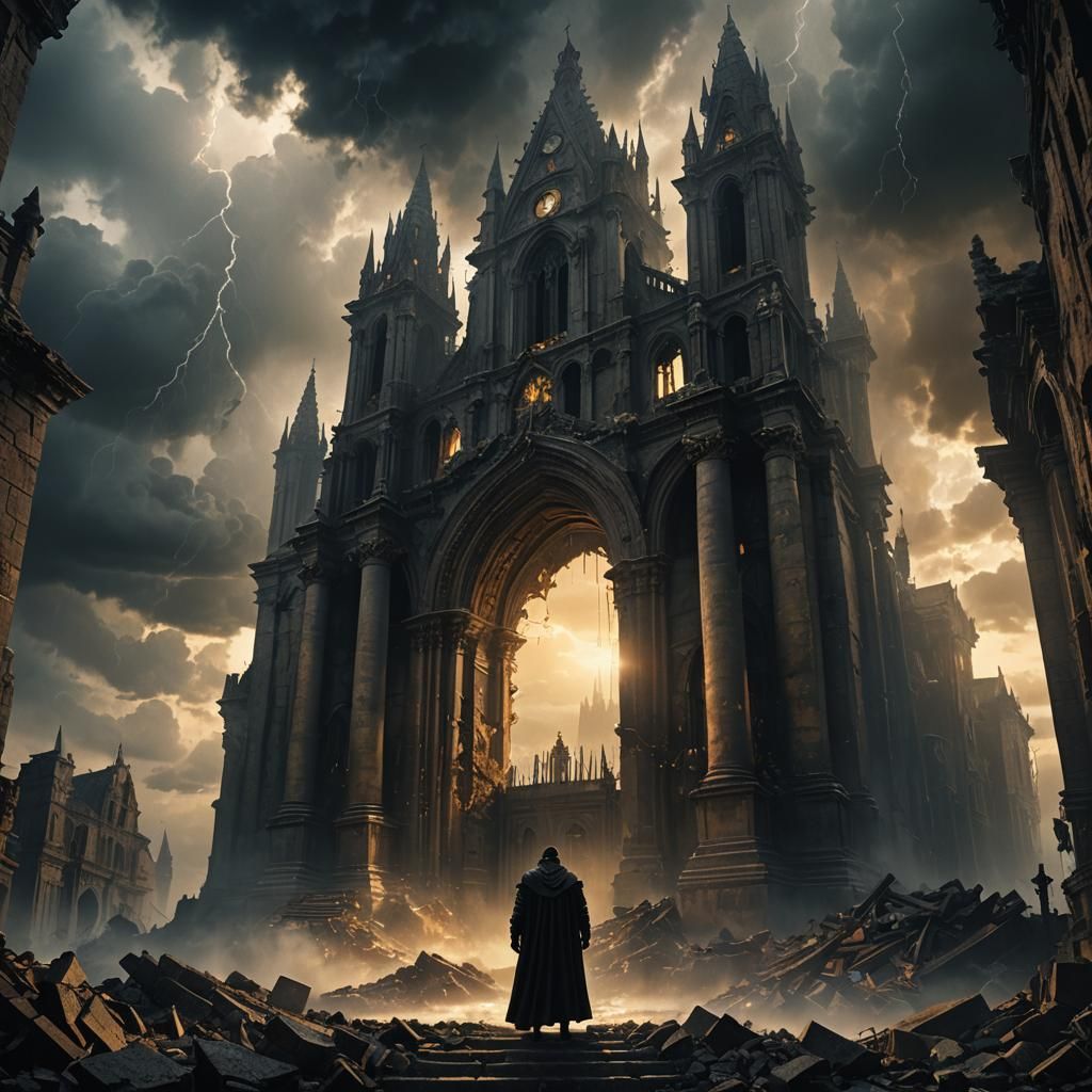 Dark Gothic Figure Falls as Light Breaks Through