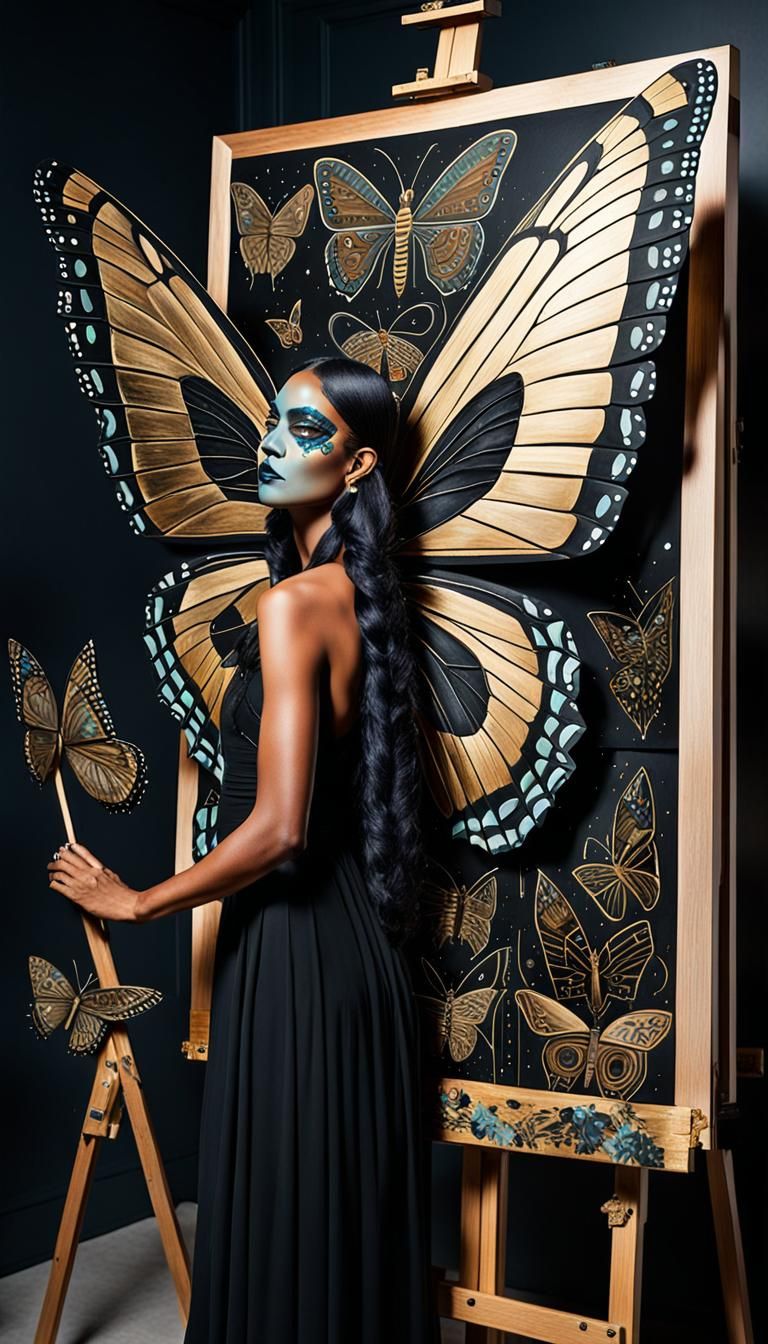 Obsidian Butterfly Goddess: Aztec Art Deco Painting