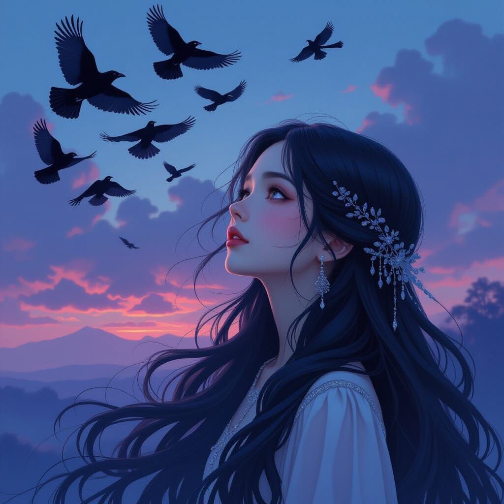 Dreamlike Portrait of Woman with Ravens in Twilight Sky