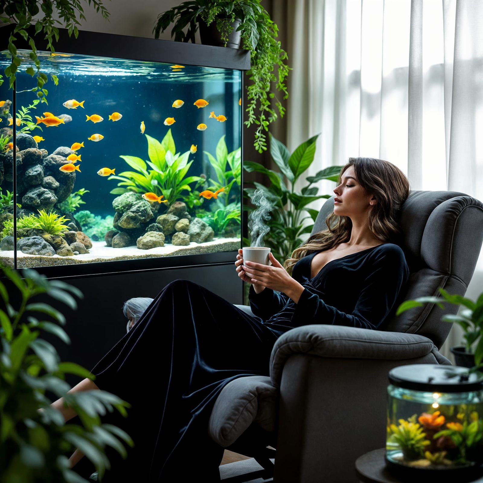 Serene Gothic Woman Enjoys Tranquil Aquarium Scene