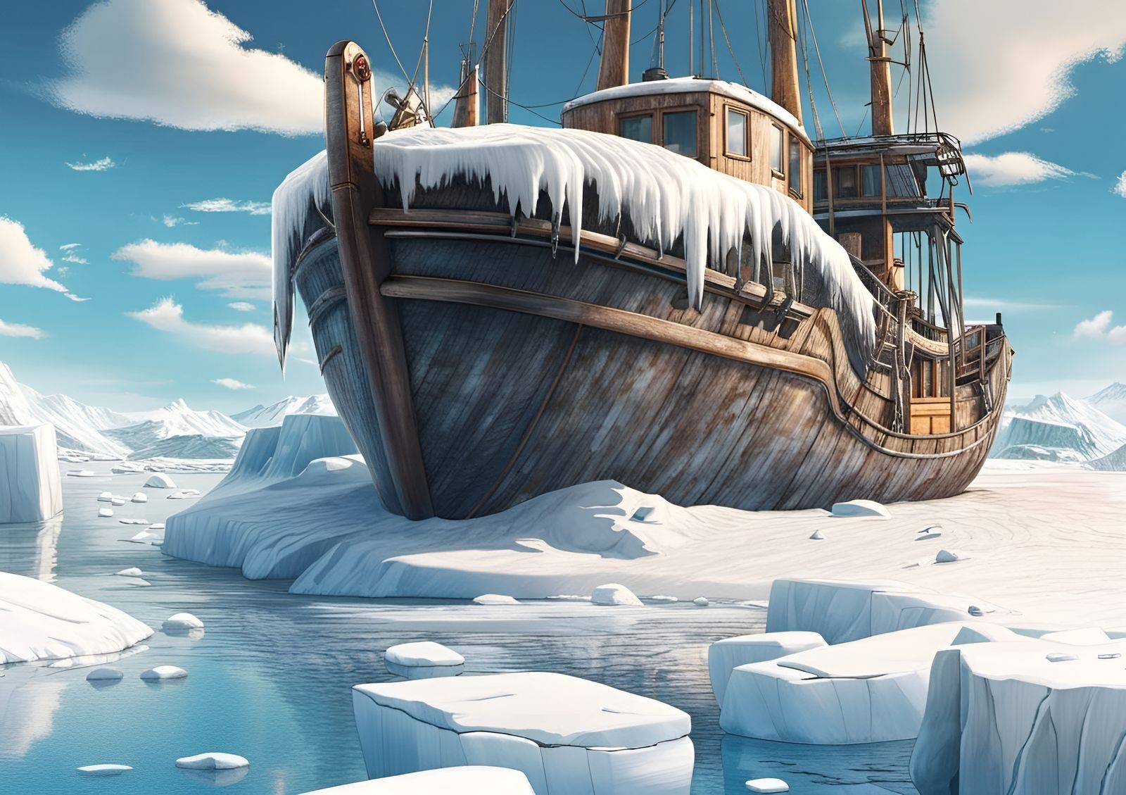 Arctic Boat in Winter Ice, Photorealistic Anime Style