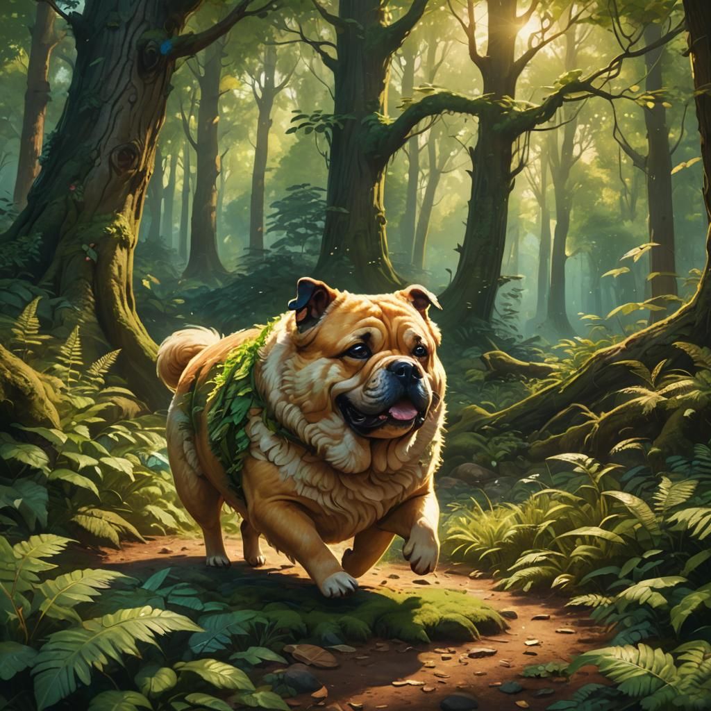 Fat Dog Plays in Cozy Forest: Oil Painting