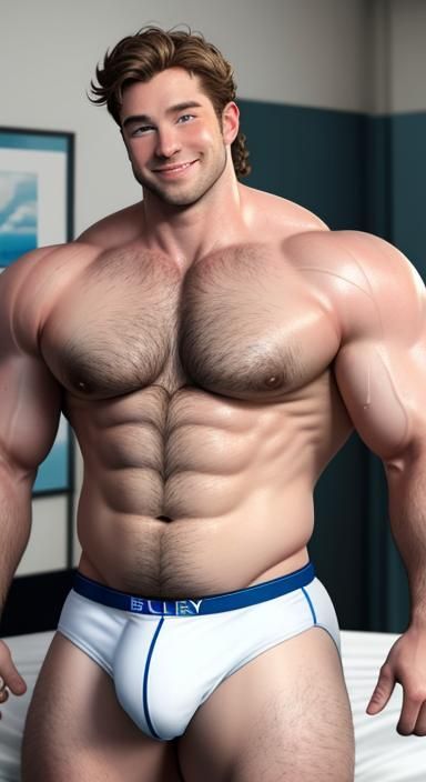 Sweaty Muscular Man Flexing Biceps in Bed