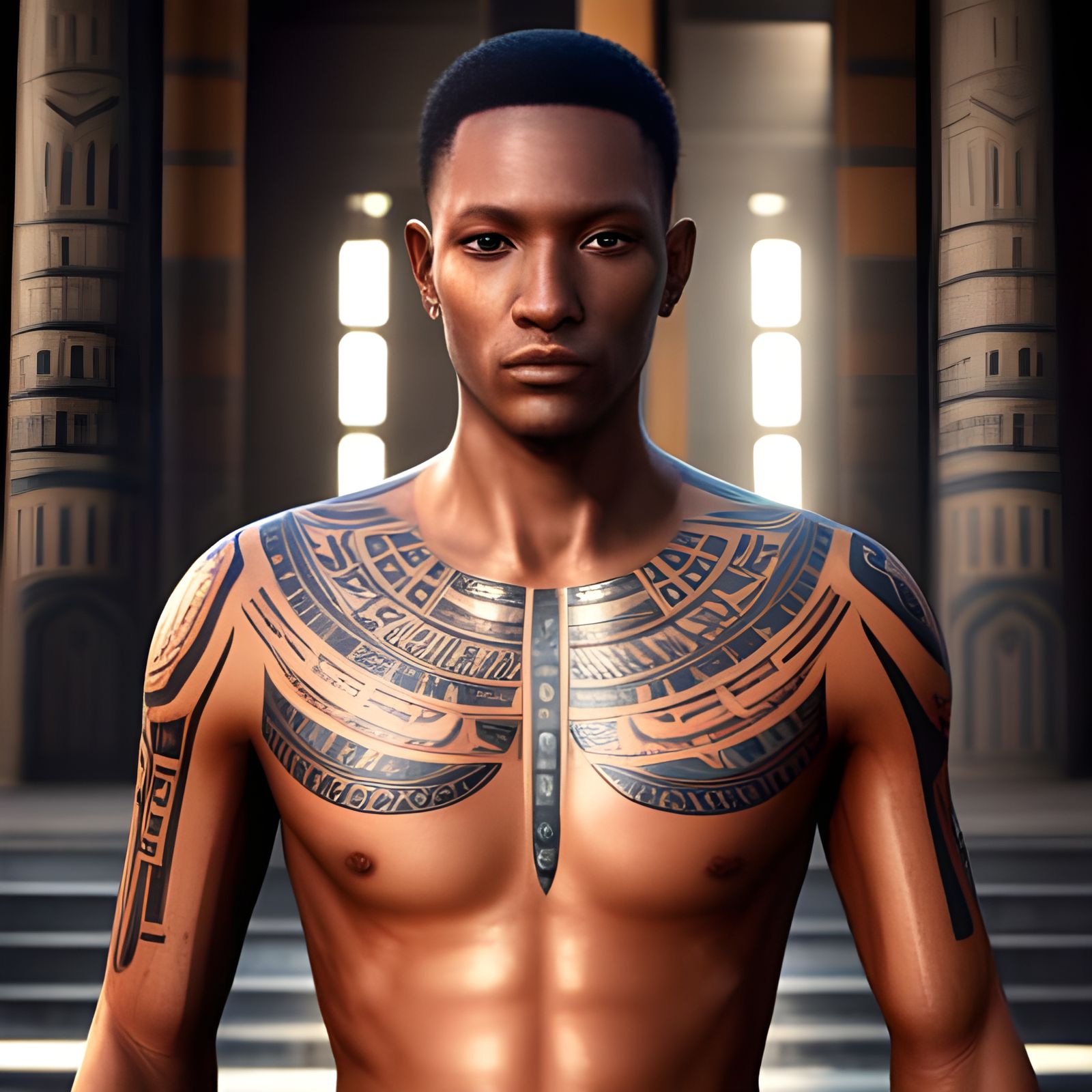 Man with Hieroglyphic Tattoos in Ancient Temple