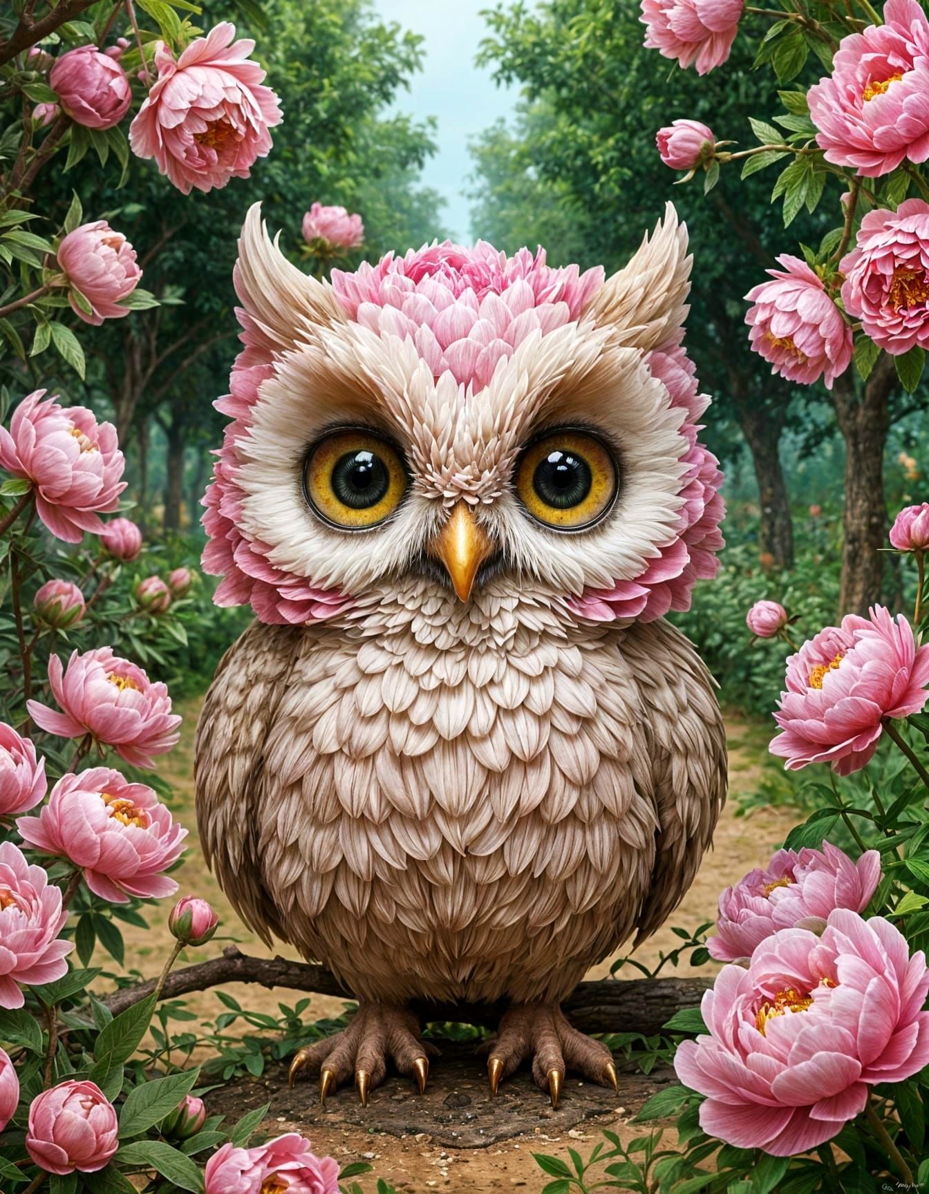 Chibi Peony Owl in Fantasy Garden