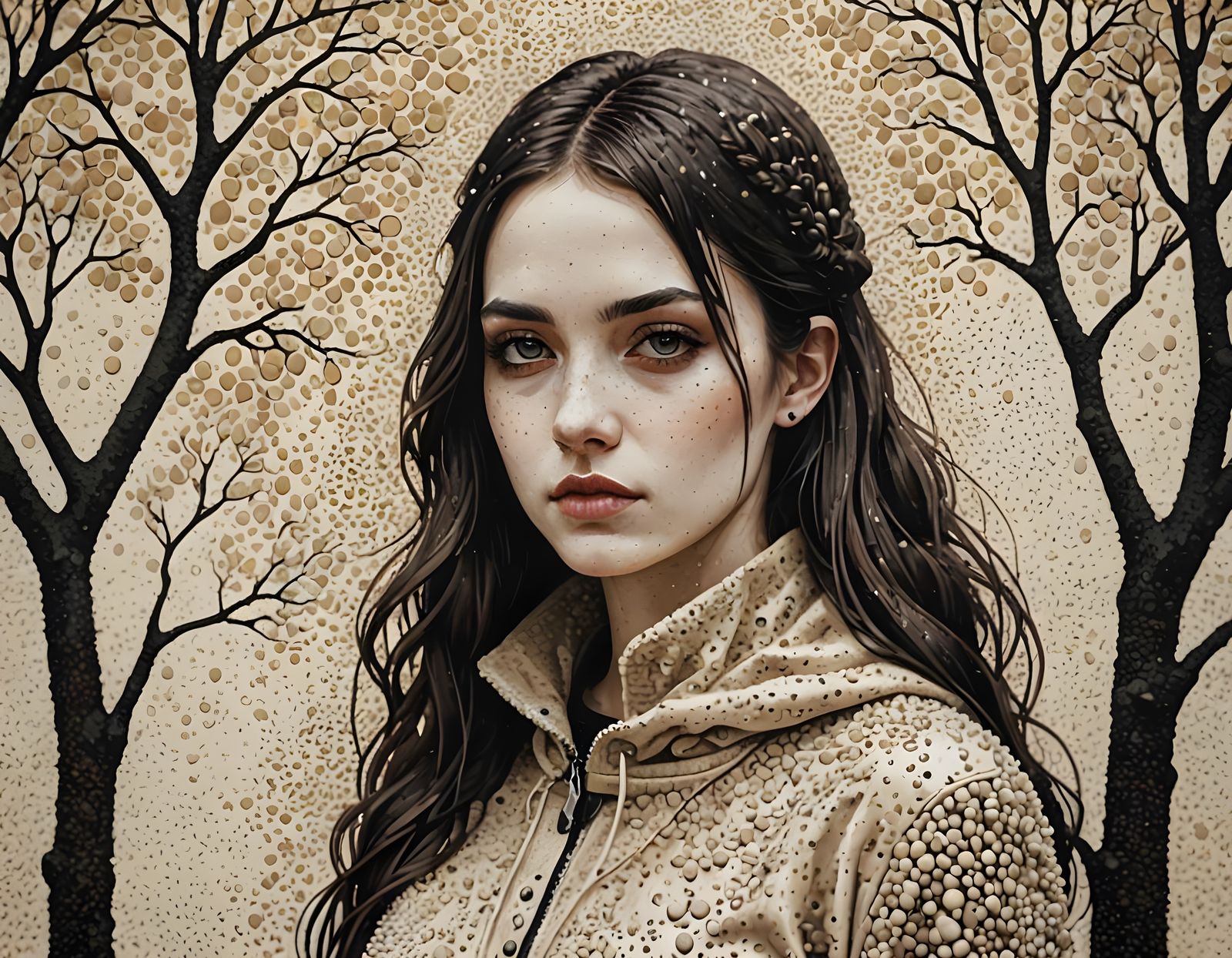 Gothic Pointillist Woman in Monocubo Art Style