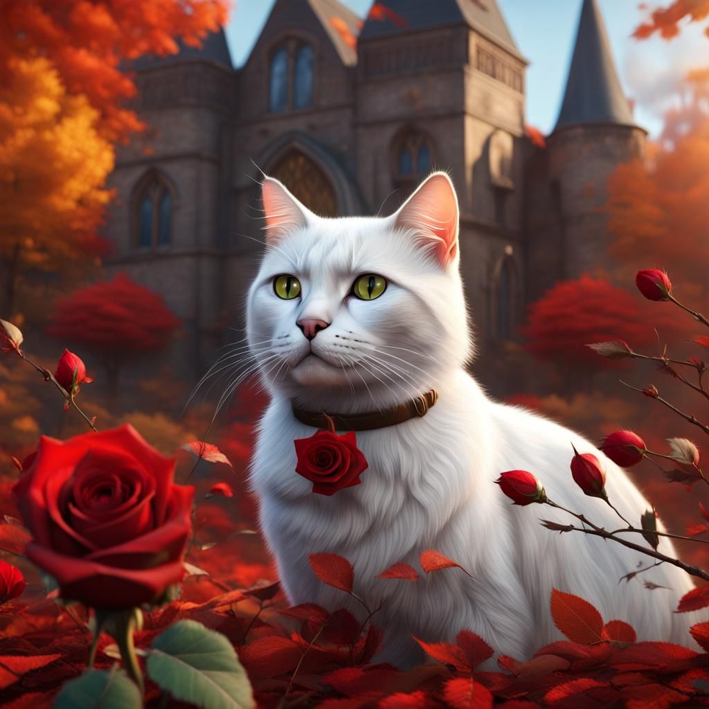 Cat with Rose in Vivid Autumn Scene