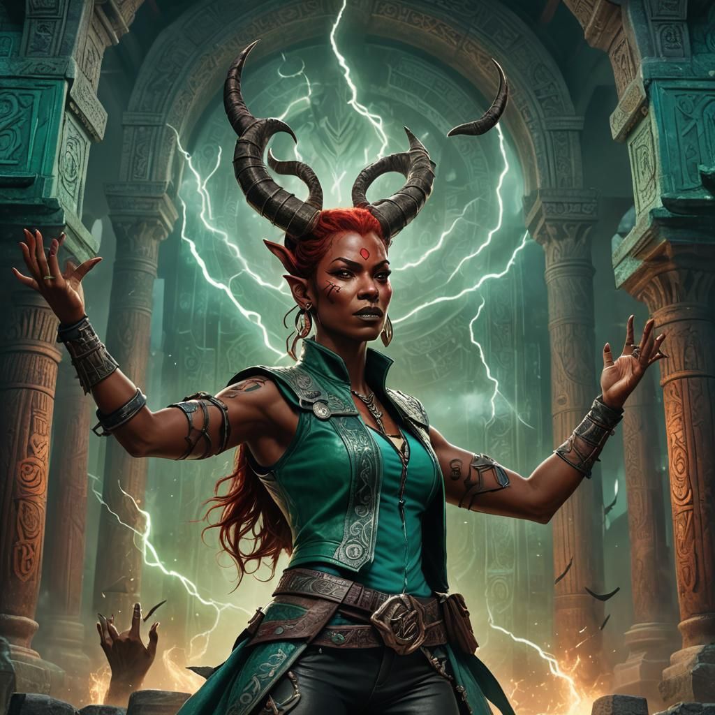 Tiefling Summons Lightning in Ancient Temple: Fantasy Art