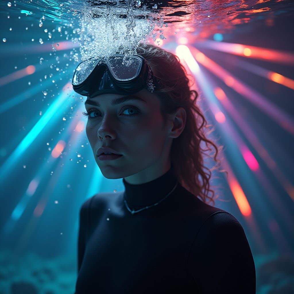Underwater Diver in Prismatic Light, Hyperrealistic Style
