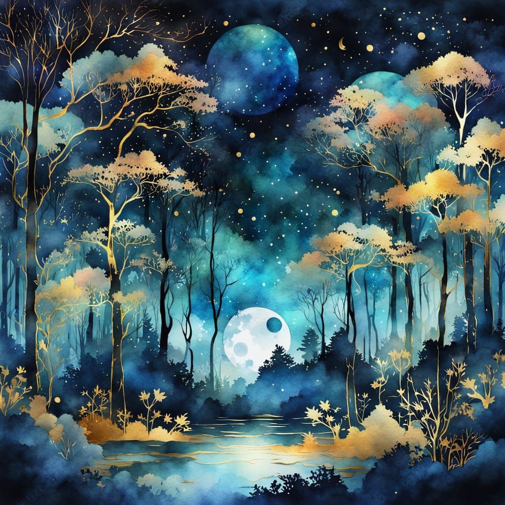 Surreal Starry Forest in Chinese Watercolor Style