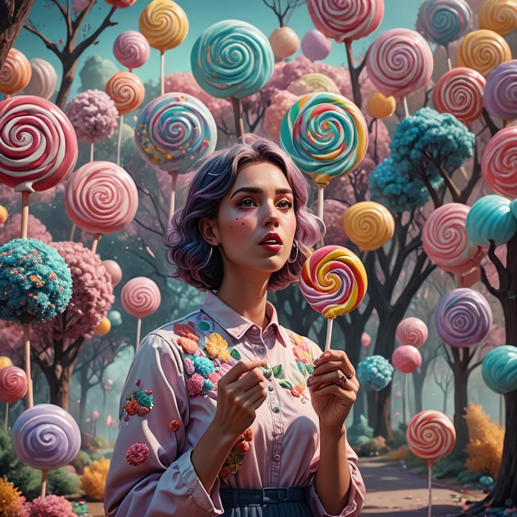 Woman with Lollipop in Pastel Landscape
