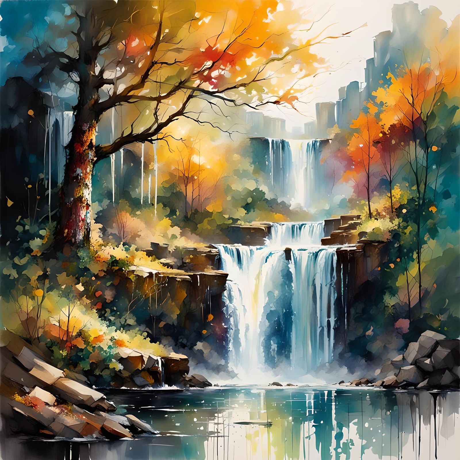 Sunshine Waterfall in Vibrant Watercolor Style