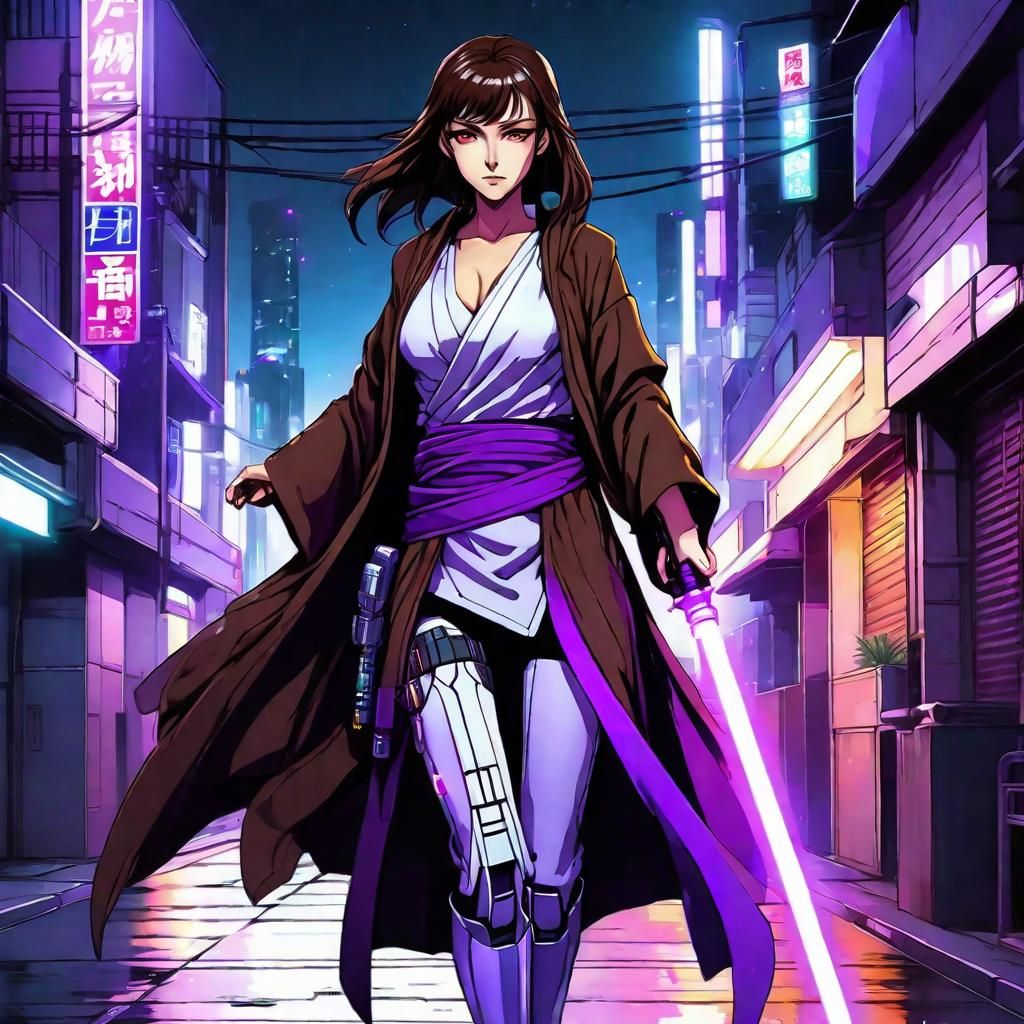 Cyberpunk Jedi with Purple Lightsaber in Anime Style