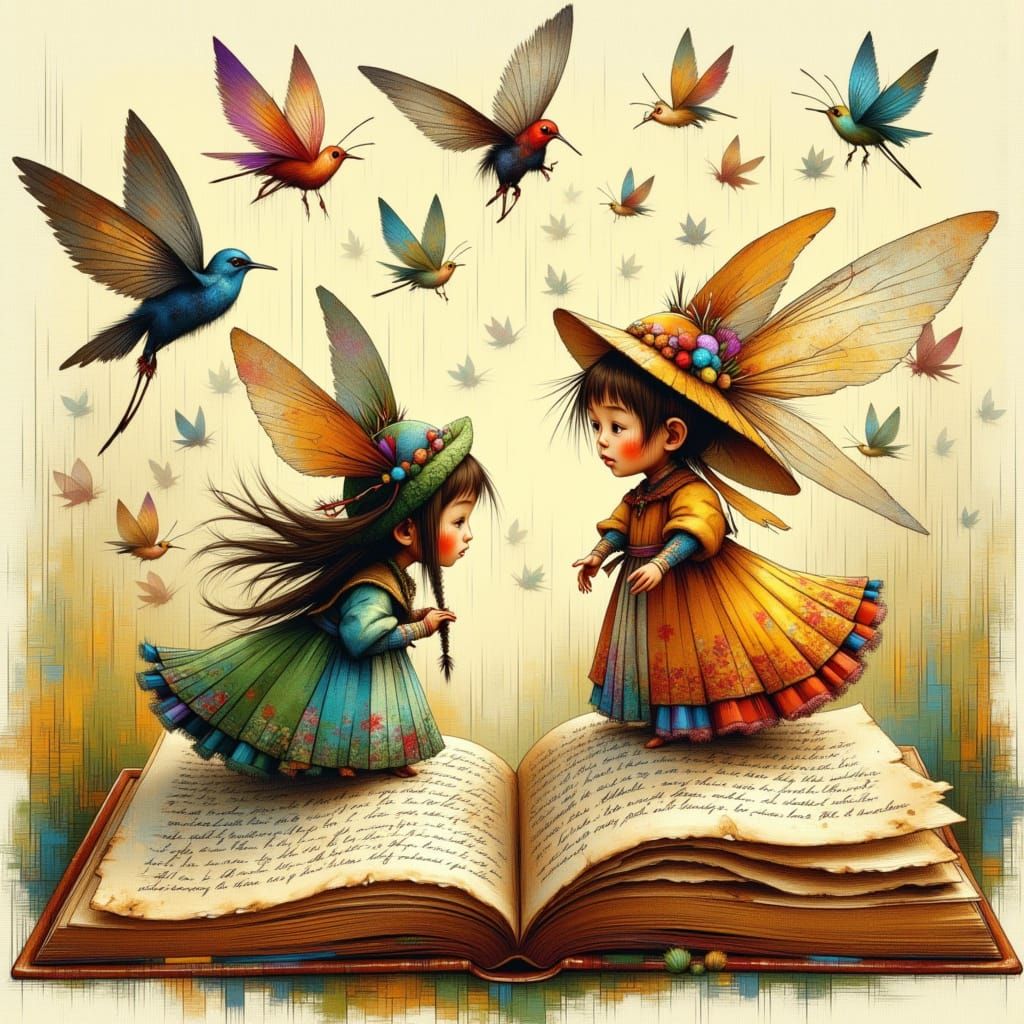 Whimsical Fairy Tale Characters Gather Around a Vintage Book