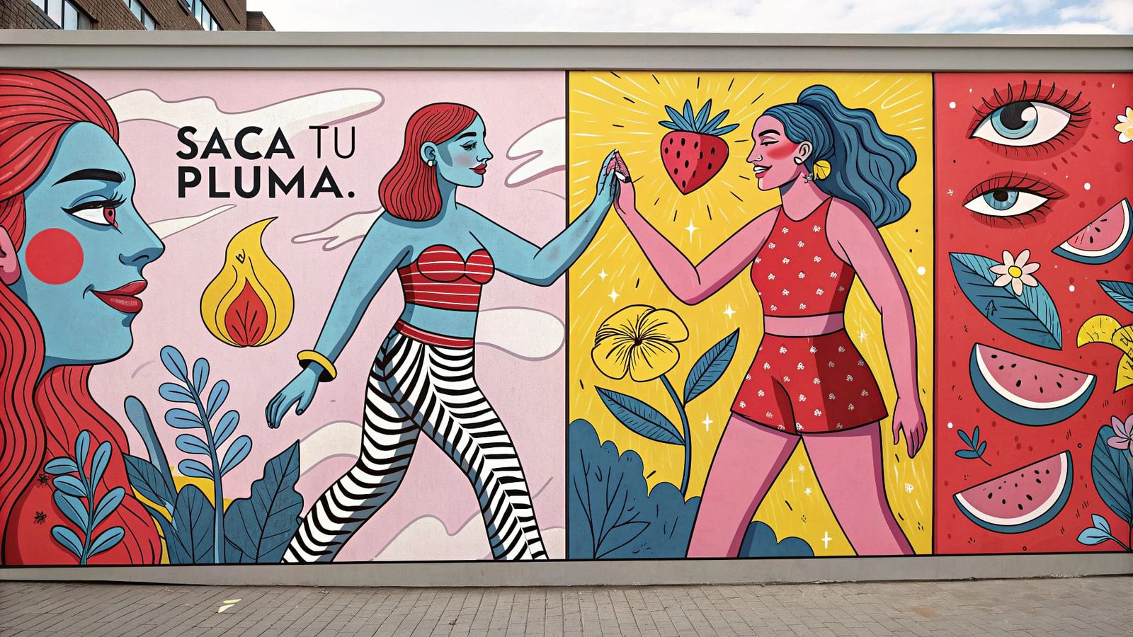 Vibrant Surreal Mural with Bold Imagery and Whimsical Patter...