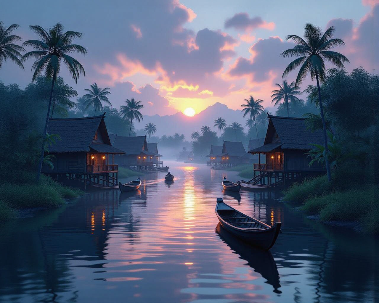 Surinamese Village at Dawn: Digital Matte Painting