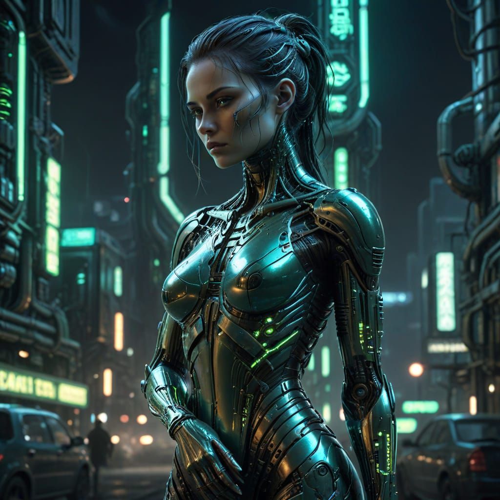 Realistic, half metal half flesh, sci-fi girlfriend