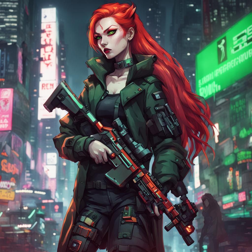 Cyberpunk Kitsune Woman with Futuristic Rifle