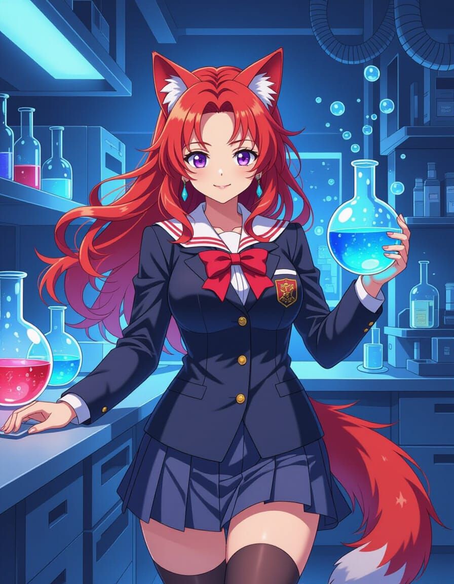 Red-Haired Neko in Futuristic Lab, Anime-Inspired