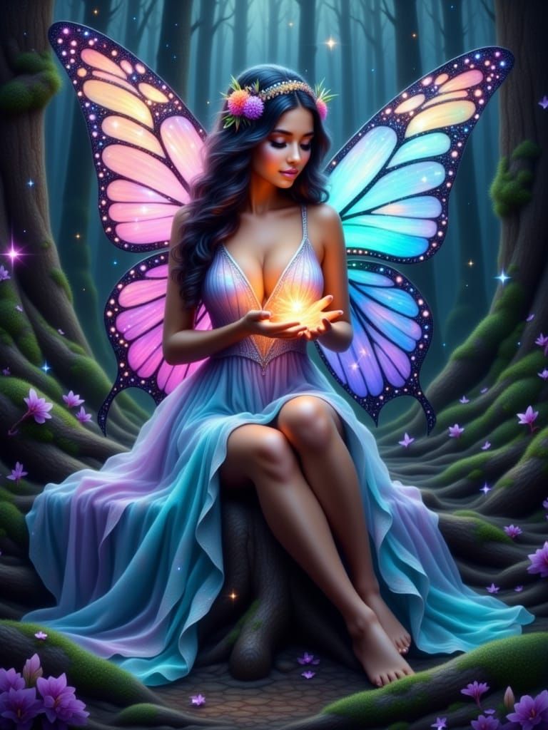 Dreamy Fairy in Ethereal Forest with Luminous Flower