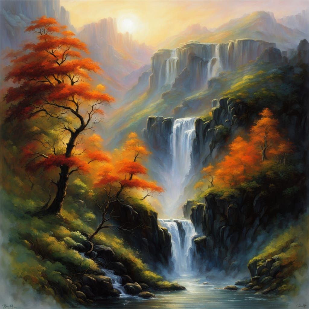 Surreal Waterfall in Misty Valley at Sunrise Oil Painting