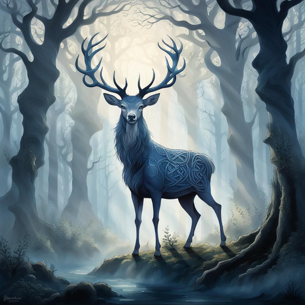Deer in Celtic Forest with Moonlight