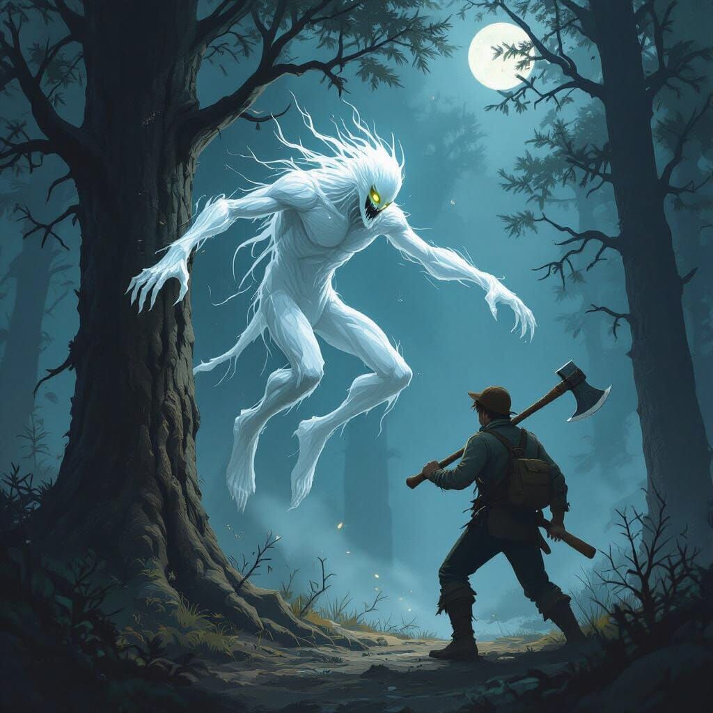Slender White Creature Leaps from Tree at Lumberjack