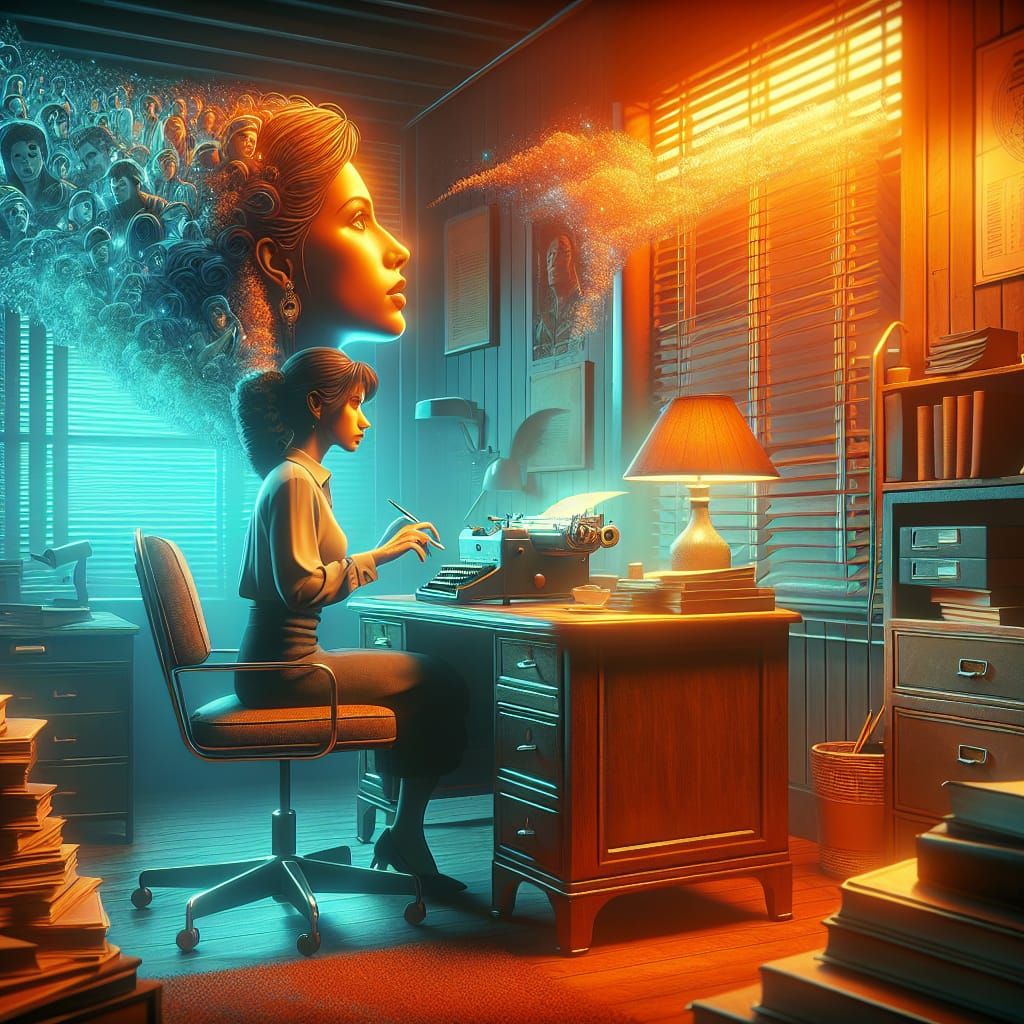 Female Writer at Typewriter: 1980s Concept Art