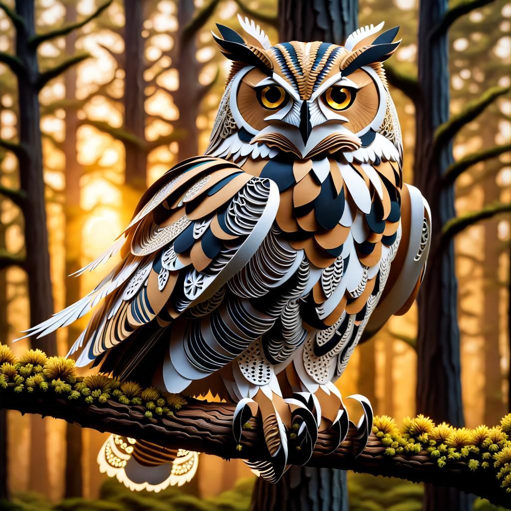 Filigree Paper Owl Soaring in Forest Clearing
