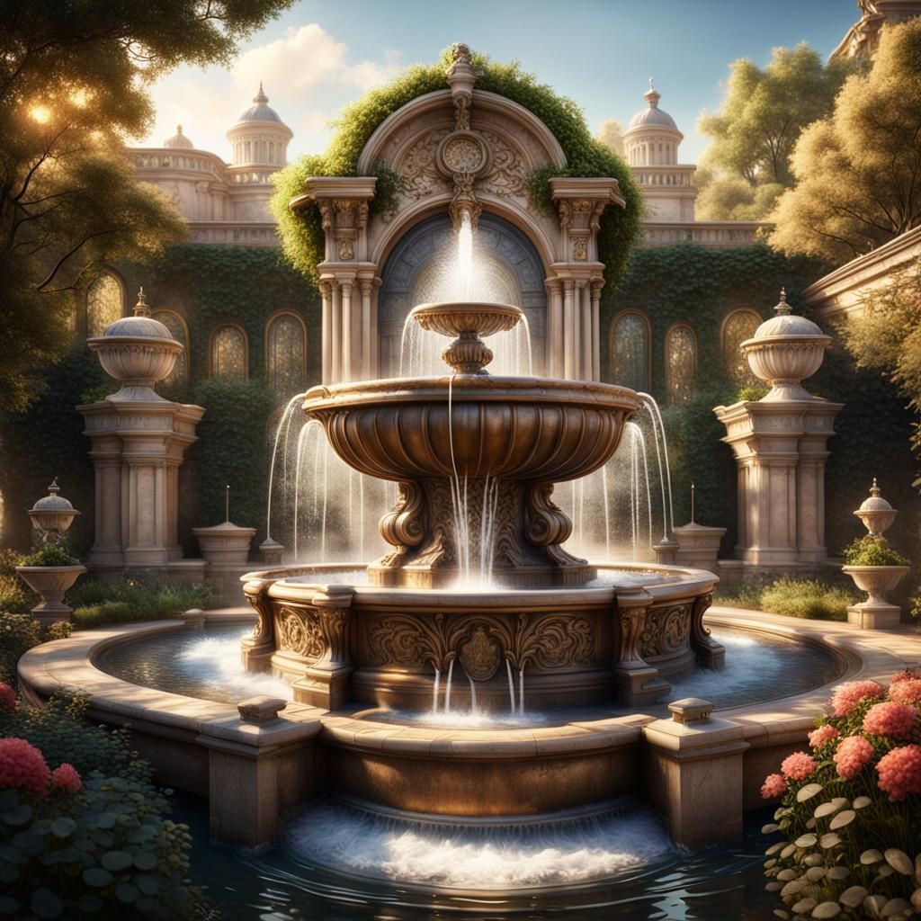 Majestic Water Fountain in Opulent Garden