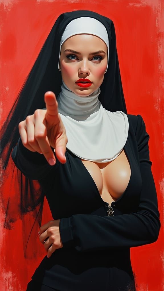 Busty Blond Nun in Seductive Pose, Realistic Drawing Style