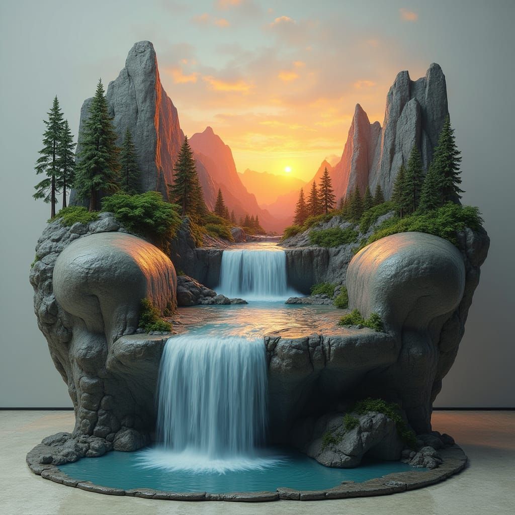 Surreal Armchair Transforms into Cascading Waterfall Landsca...