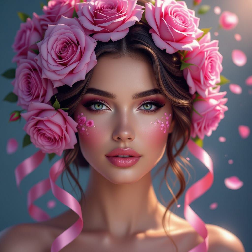 Woman's Face Blends with Pink Roses