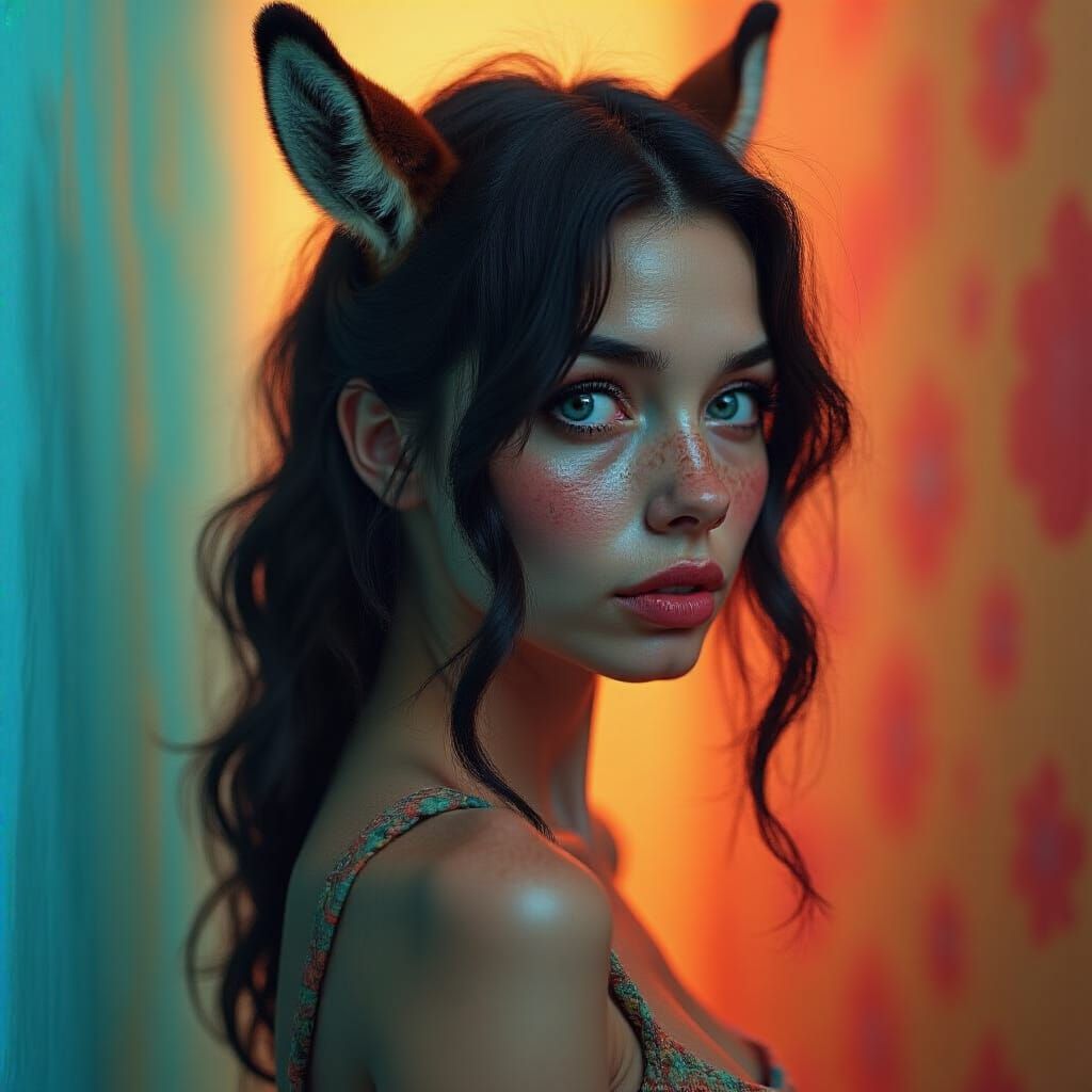 Hyperrealistic Portrait of Woman with Donkey Features