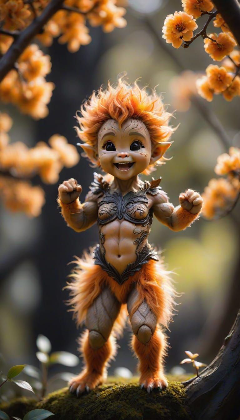 Miniature Baby Dryad in Fierce Stance Under Glowing Blossom....