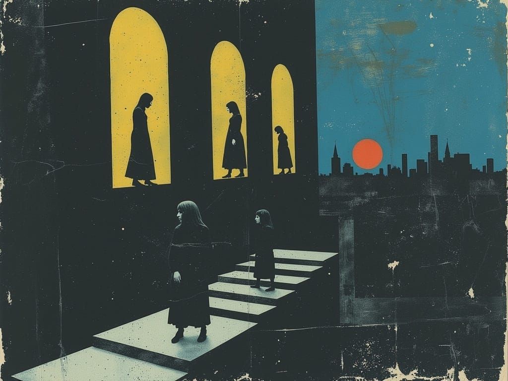 Surreal Stairway to Nowhere in Dystopian Cityscape