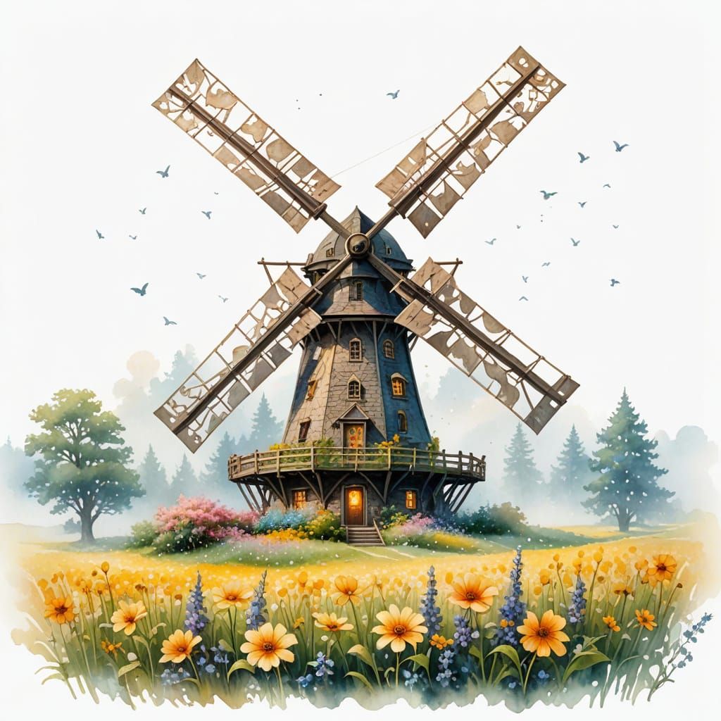 Glowing Windmill in Watercolor Fantasy